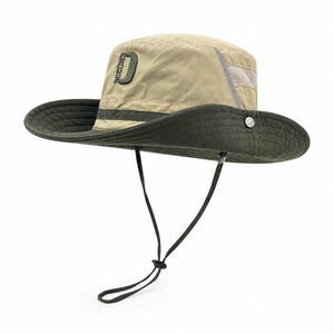 Olive green outdoor hiking bucket hat with breathable mesh, wide brim and adjustable chin cord on white background.