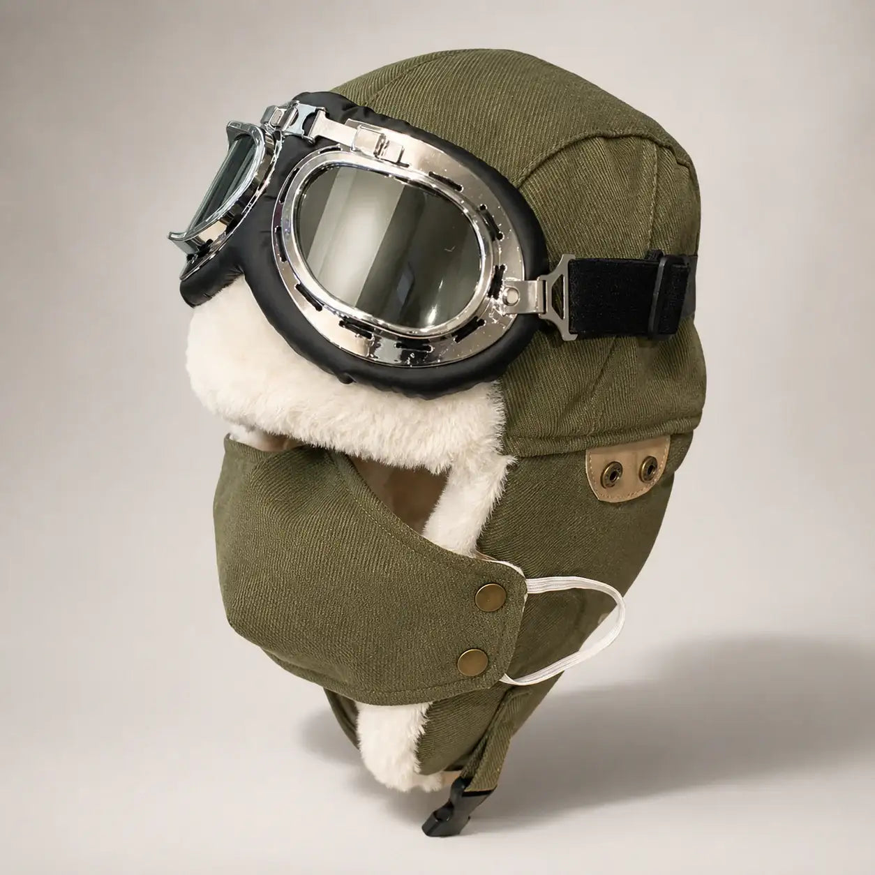 Olive winter outdoor aviator hat with detachable goggles fleece lining and face cover