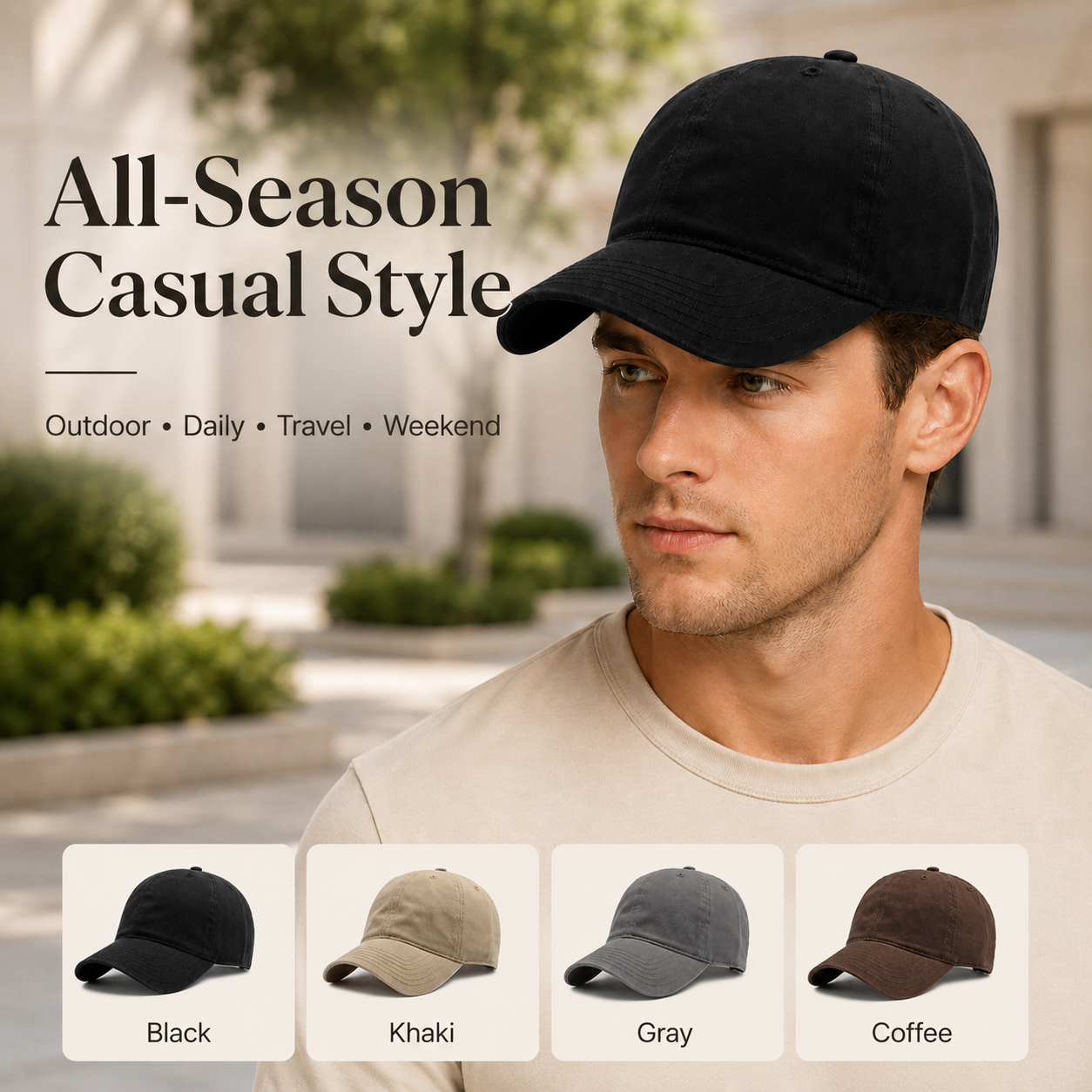 Male model wearing black outdoor casual baseball cap for all-season daily travel and weekend style.