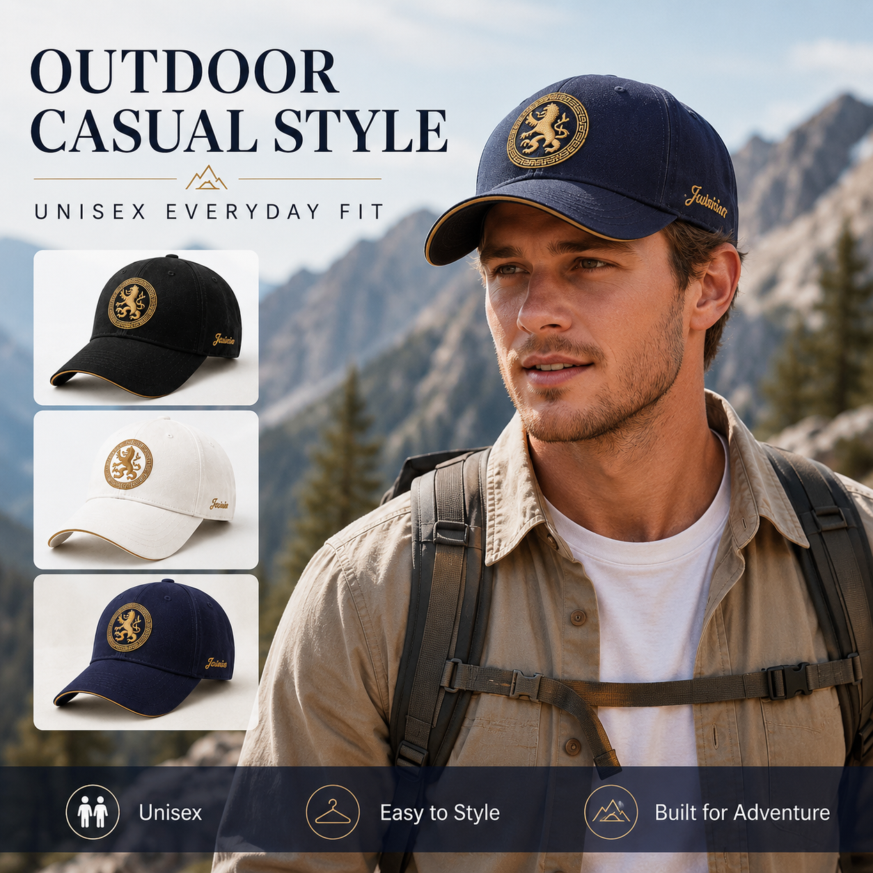 Outdoor casual embroidered baseball cap in navy with unisex everyday fit and mountain lifestyle styling