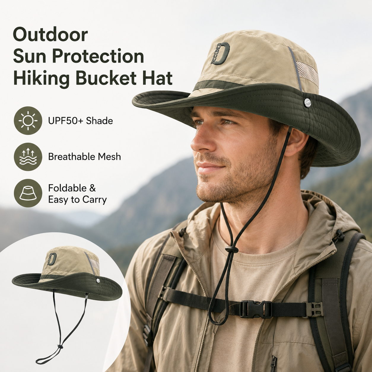 Male model wearing an olive green outdoor hiking bucket hat with wide brim, breathable mesh and adjustable chin cord.