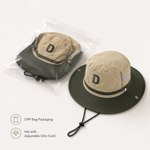 Package image showing olive green hiking bucket hat, clear OPP bag packaging and adjustable chin cord.