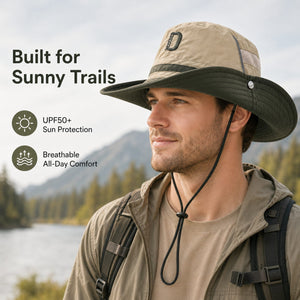 Outdoor hiking bucket hat worn by male model on sunny trail with wide brim shade and breathable mesh design.