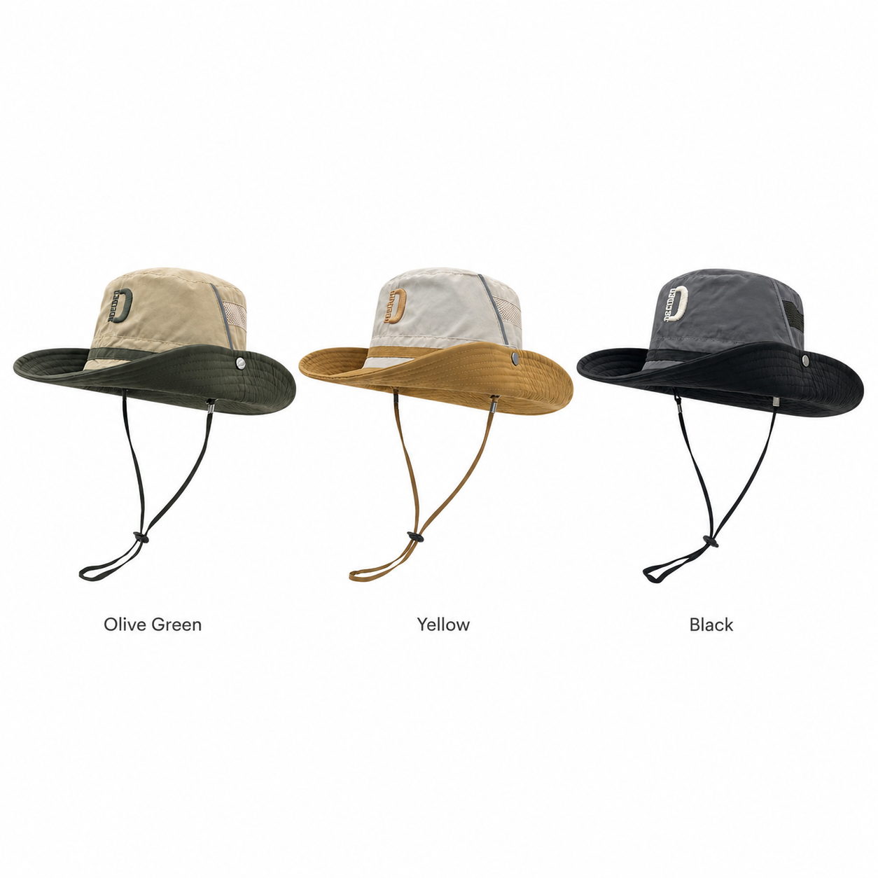 White background color overview of outdoor hiking bucket hat in olive green, yellow and black.