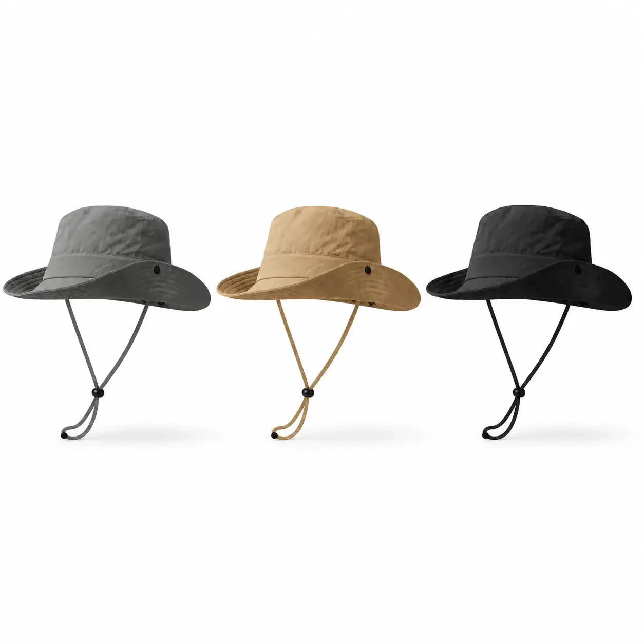 Outdoor sun hat in gray khaki and black with wide brim and adjustable chin cord