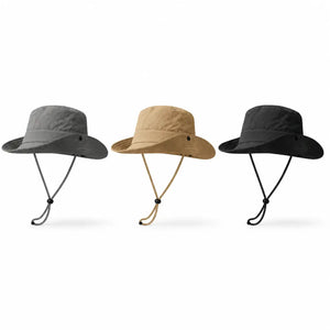 Outdoor sun hat in gray khaki and black with wide brim and adjustable chin cord