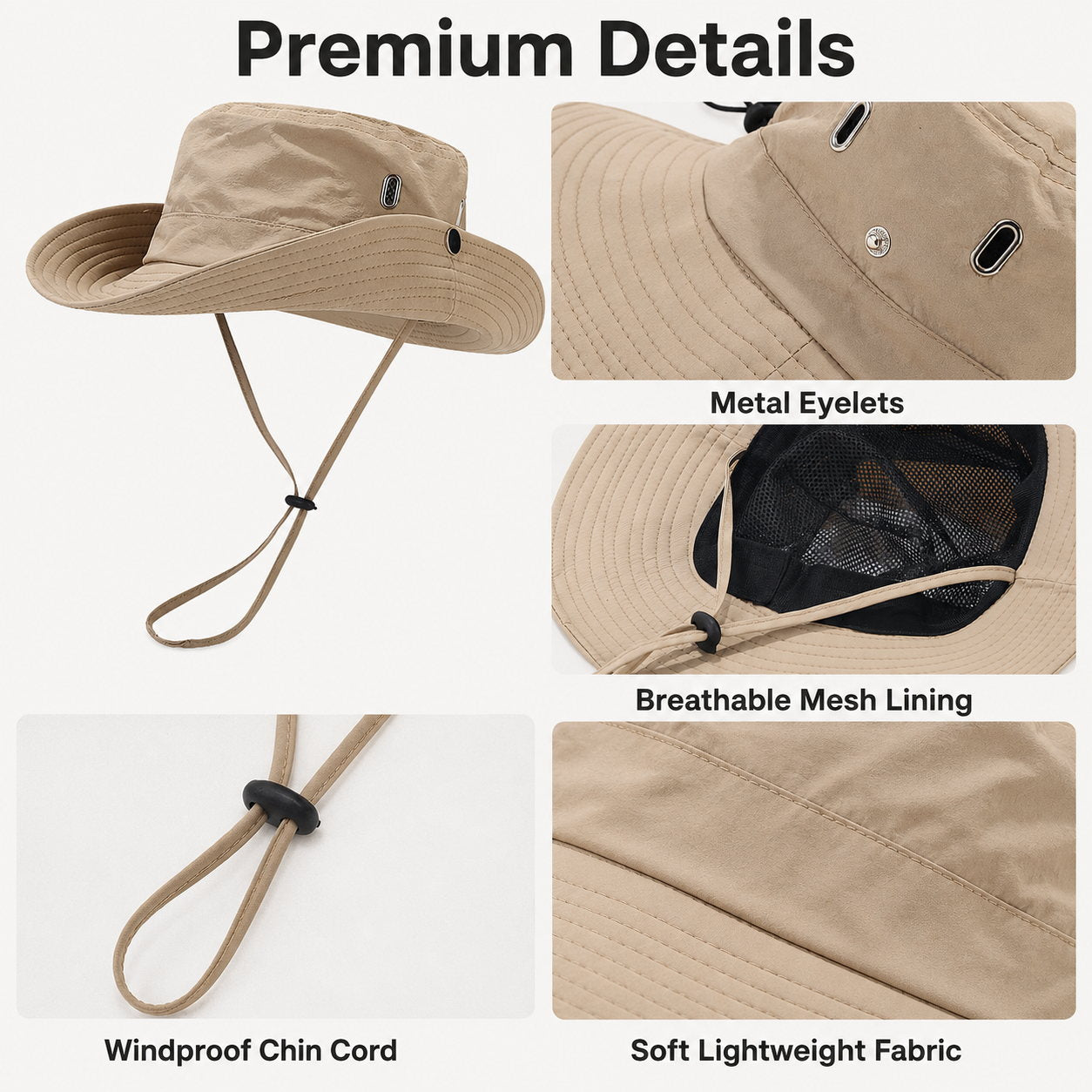Outdoor sun hat premium details showing metal eyelets, breathable mesh lining, windproof chin cord, and soft lightweight fabric.