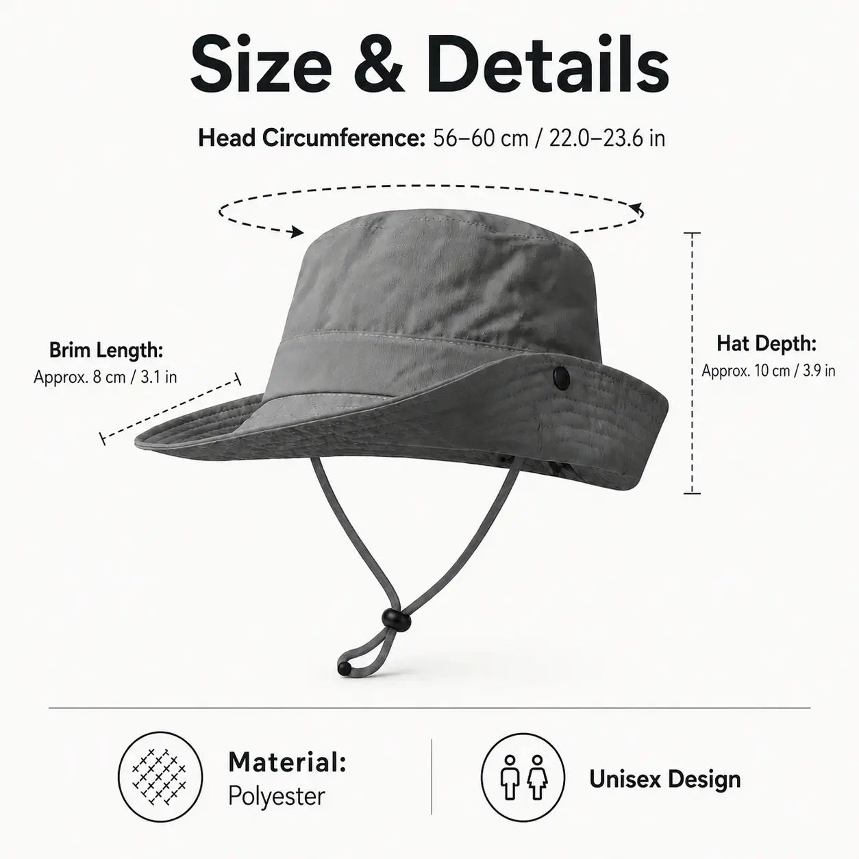 Outdoor sun hat size and details with 56 to 60 cm head circumference and polyester material