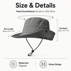 Outdoor sun hat size and details with 56 to 60 cm head circumference and polyester material
