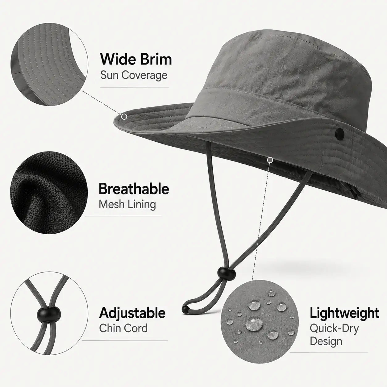 Gray outdoor sun hat with wide brim breathable mesh lining and adjustable chin cord