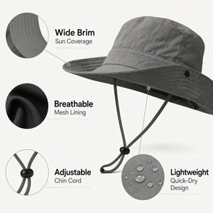Gray outdoor sun hat with wide brim breathable mesh lining and adjustable chin cord