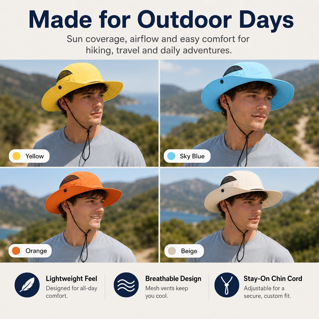 Four model photos showing yellow, sky blue, orange and beige outdoor sun protection hats for hiking and travel.
