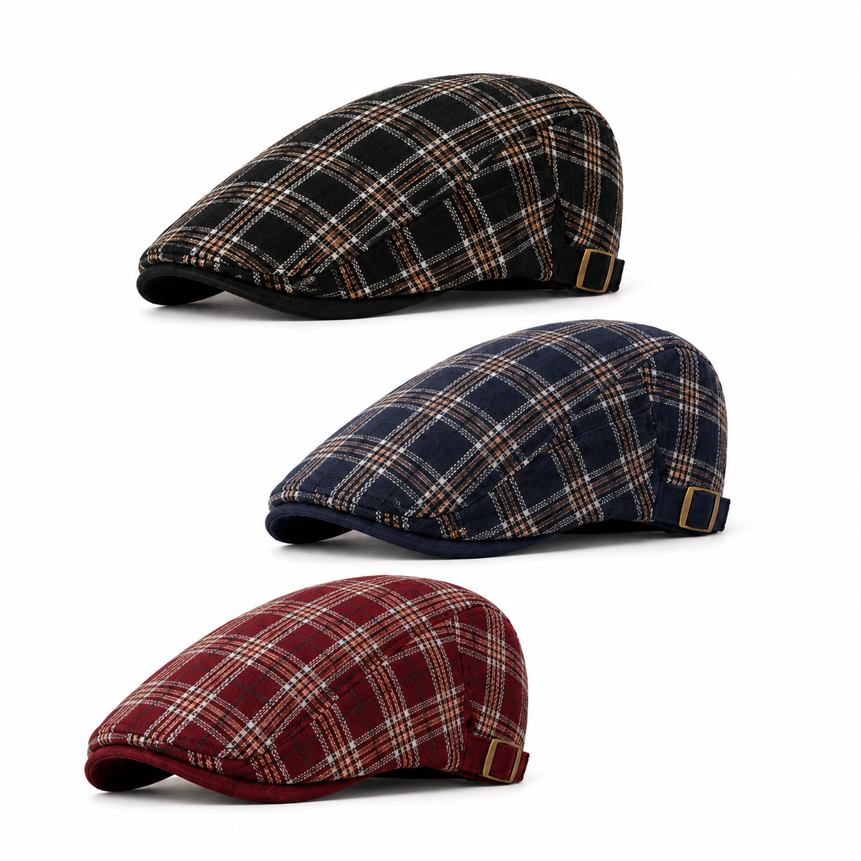 Unisex vintage British plaid flat cap with structured retro style and adjustable side buckles
