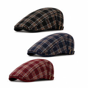 Unisex vintage British plaid flat cap with structured retro style and adjustable side buckles
