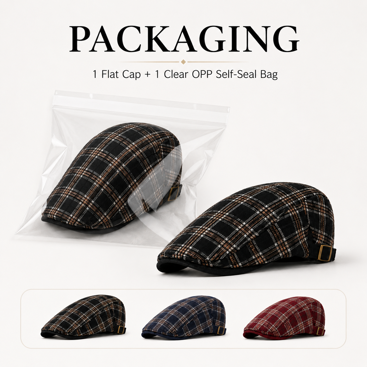 Size and specifications for adjustable plaid flat cap with 55–60 cm head circumference