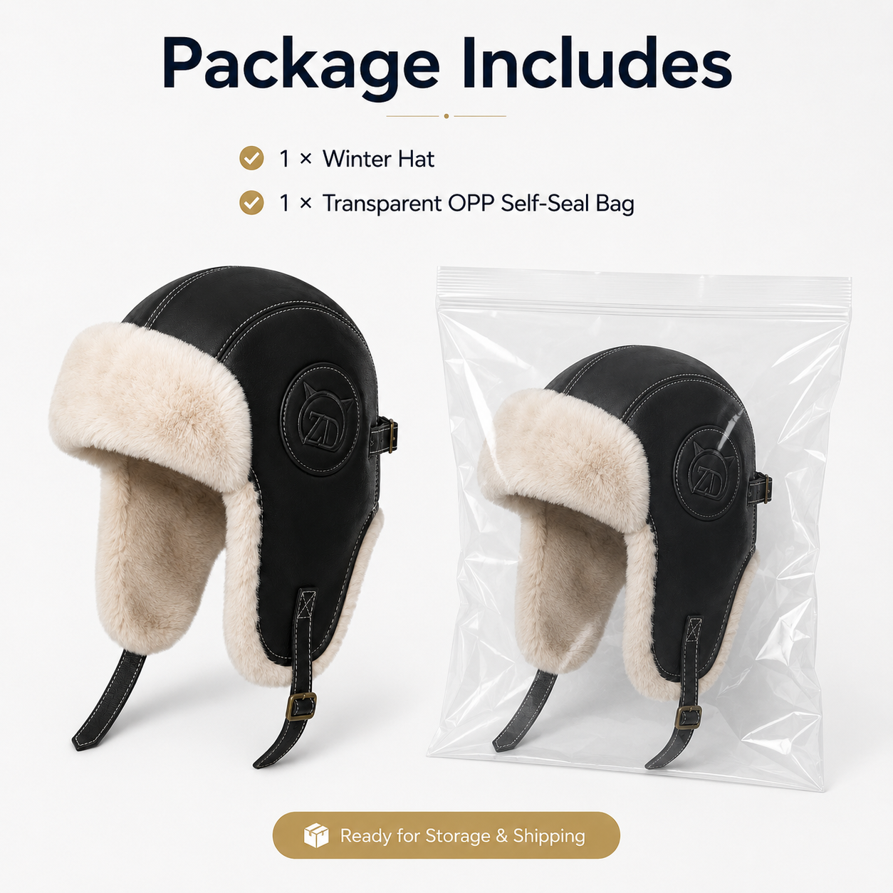 Plush winter aviator hat package includes one warm black winter hat and one transparent OPP self-seal storage bag