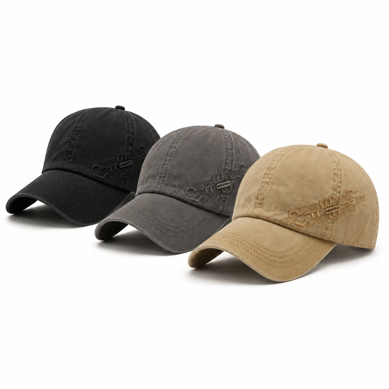 Black, gray, and khaki premium cotton baseball caps with embroidered side detail and curved brim