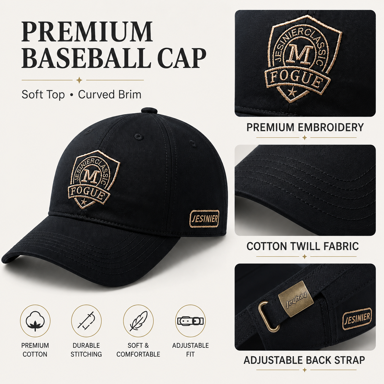 Premium embroidered cotton baseball cap in black with curved brim and adjustable strap details