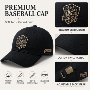 Premium embroidered cotton baseball cap in black with curved brim and adjustable strap details