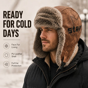 Brown faux-fur winter trapper hat styled for cold days with PU leather shell and full ear protection.