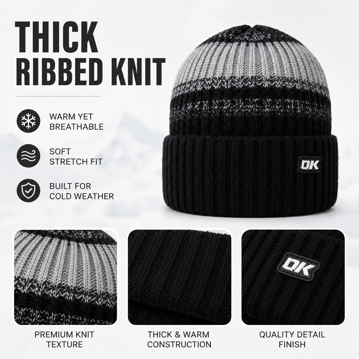 Thick ribbed knit beanie detail image showing premium knit texture, warm construction, and quality finish