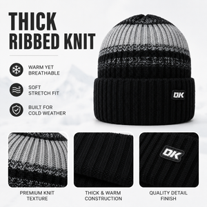 Thick ribbed knit beanie detail image showing premium knit texture, warm construction, and quality finish