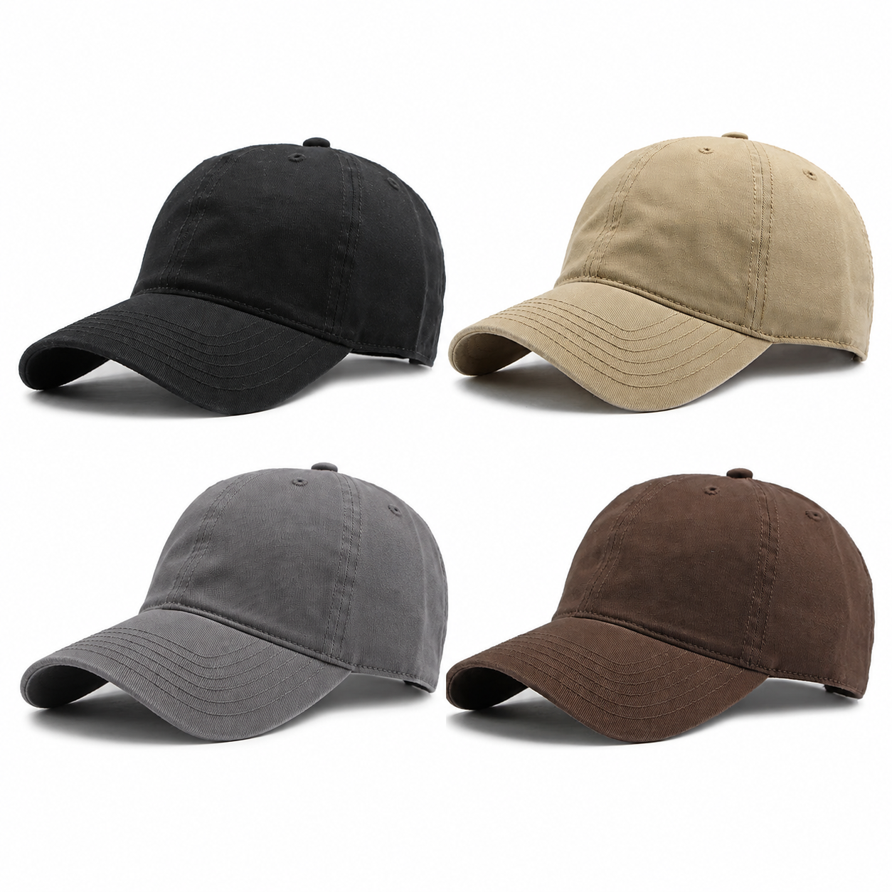 Four outdoor casual cotton baseball caps on white background in black, khaki, gray and coffee.