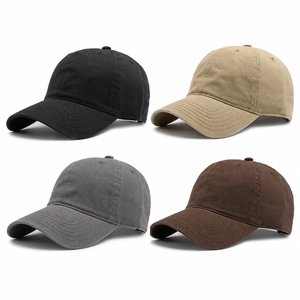 Four outdoor casual cotton baseball caps on white background in black, khaki, gray and coffee.