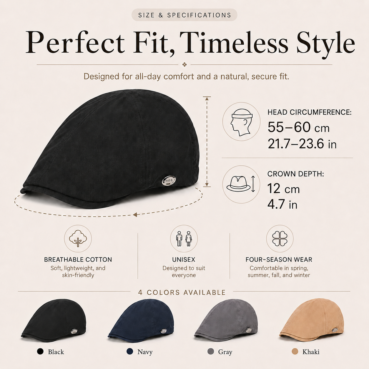 Size and specifications chart for vintage British flat cap with 55–60 cm head circumference and 12 cm crown depth.