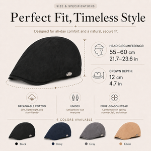Size and specifications chart for vintage British flat cap with 55–60 cm head circumference and 12 cm crown depth.
