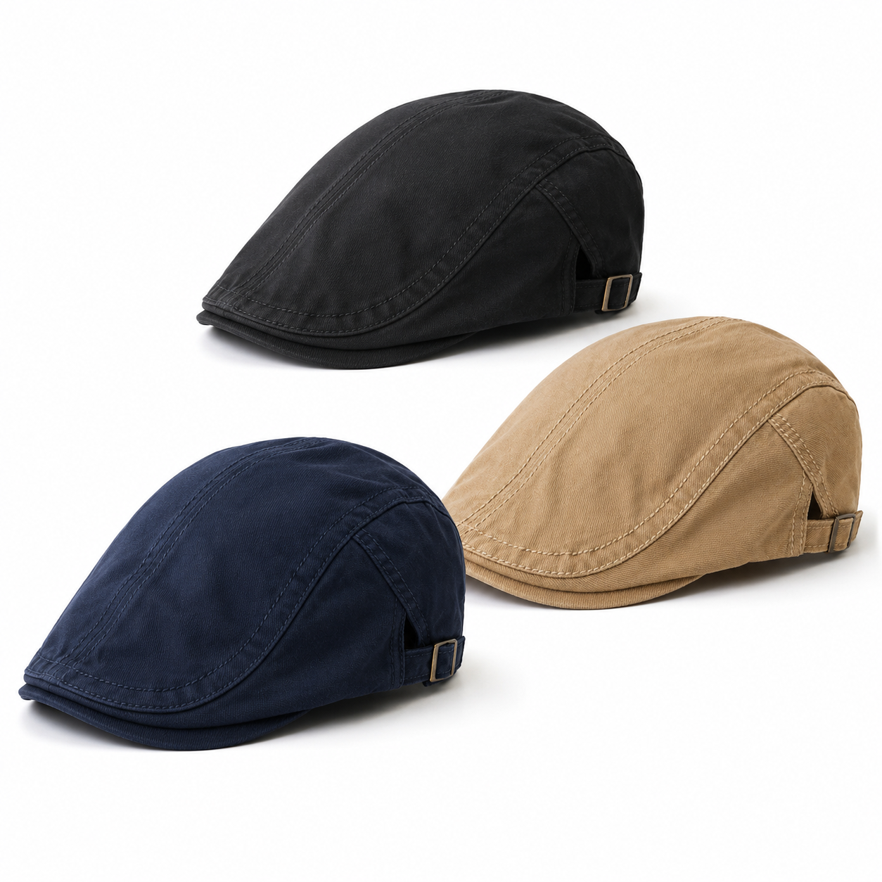 Vintage cotton flat cap in Black, Khaki, and Navy with adjustable buckle and classic old-money style