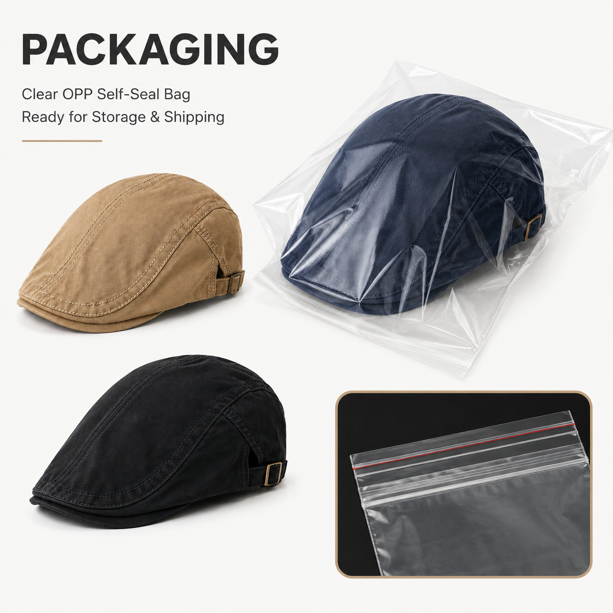 Vintage flat cap packaging with clear OPP self-seal bag ready for storage and shipping