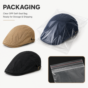 Vintage flat cap packaging with clear OPP self-seal bag ready for storage and shipping
