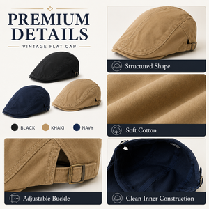 Vintage flat cap premium details with structured shape, soft cotton fabric, adjustable buckle, and clean inner construction