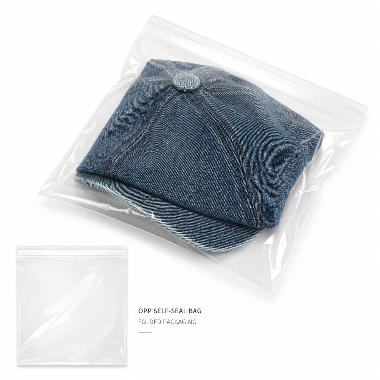 Washed denim newsboy cap shown with clear self-seal packaging bag