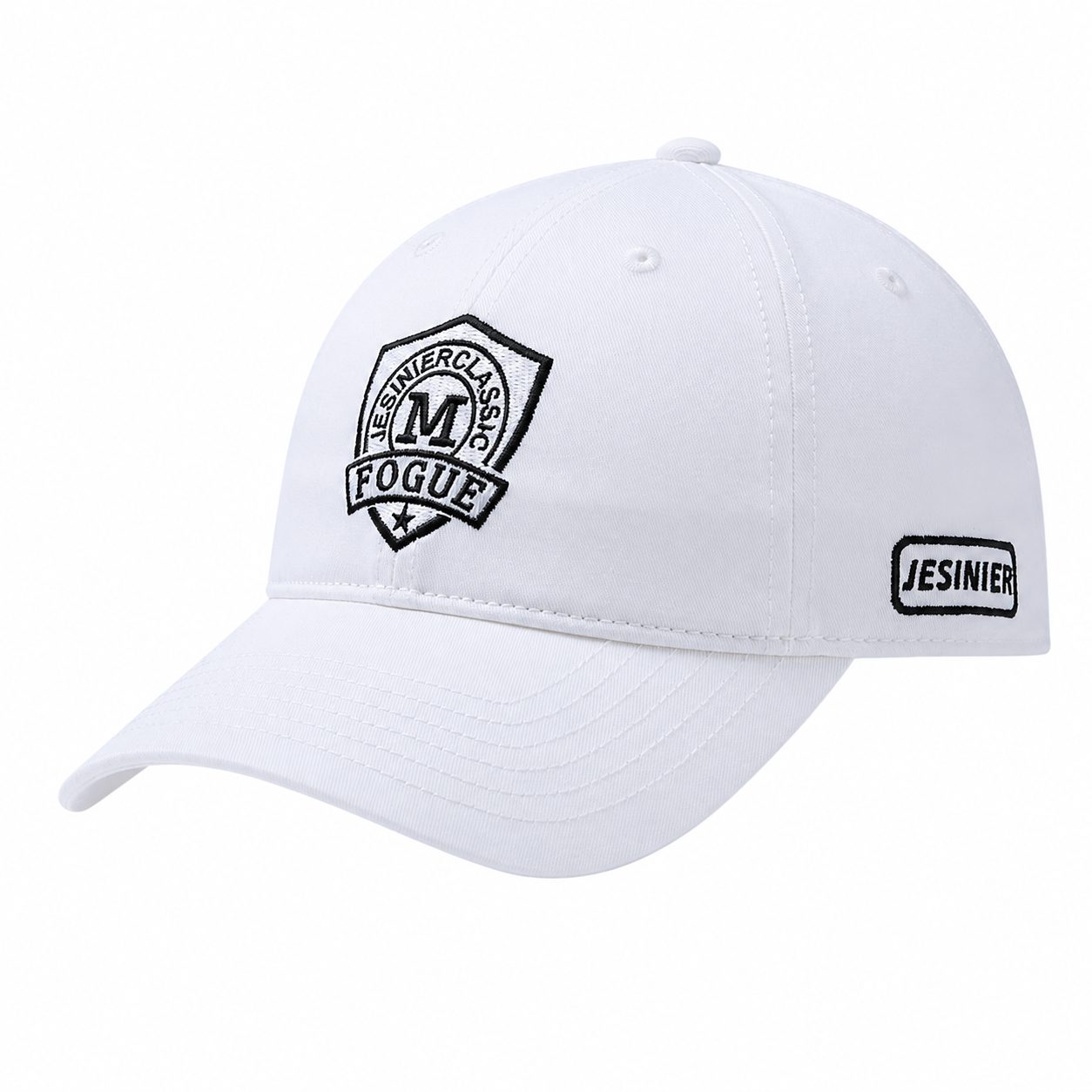 White men's embroidered baseball cap with curved brim, front patch detail, and clean casual style on a white background.
