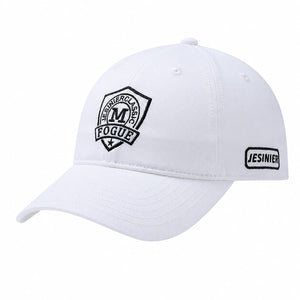 White men's embroidered baseball cap with curved brim, front patch detail, and clean casual style on a white background.