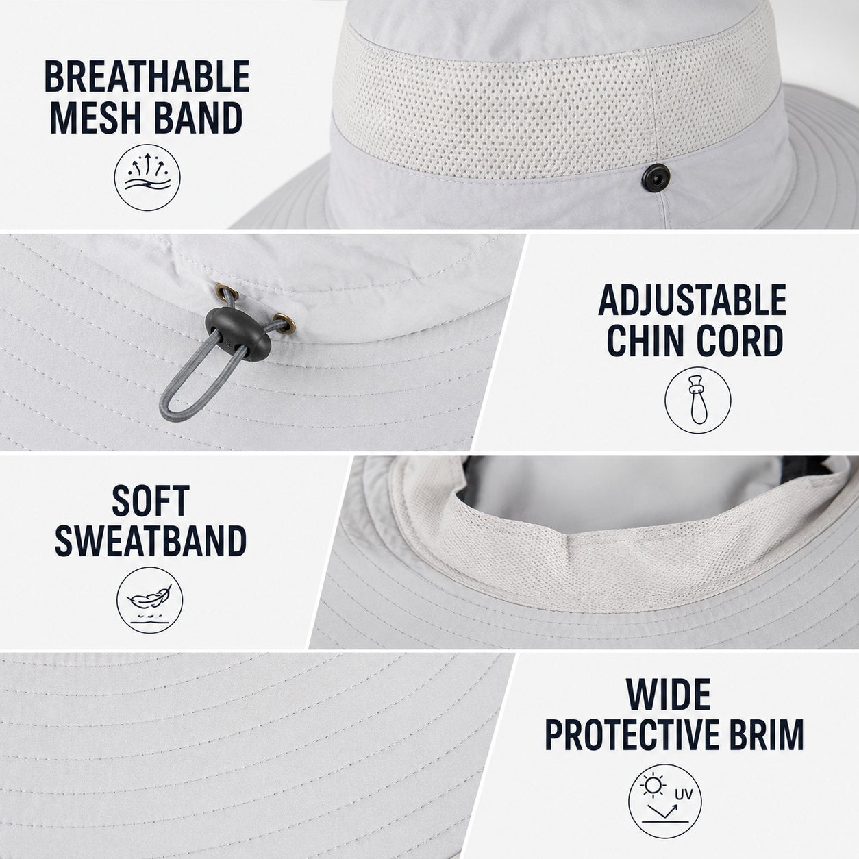 Detail collage of sun hat mesh band, chin cord, sweatband, and wide brim
