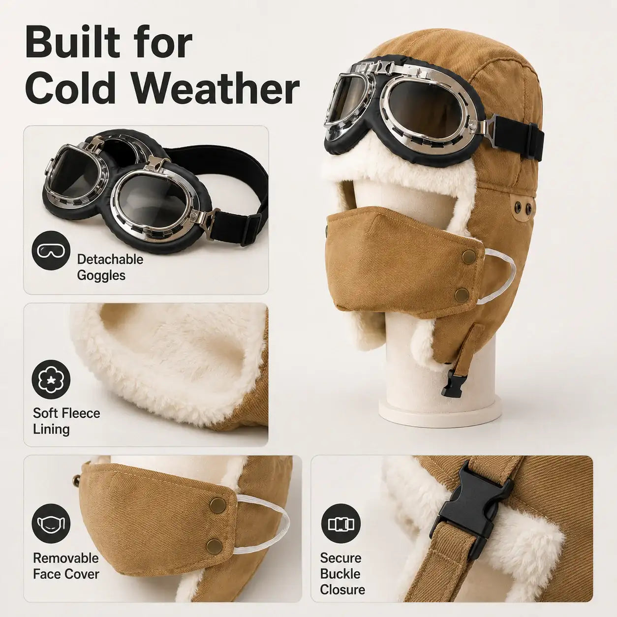 Khaki winter aviator hat with removable goggles soft fleece lining and face cover