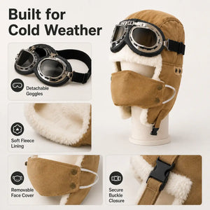 Khaki winter aviator hat with removable goggles soft fleece lining and face cover