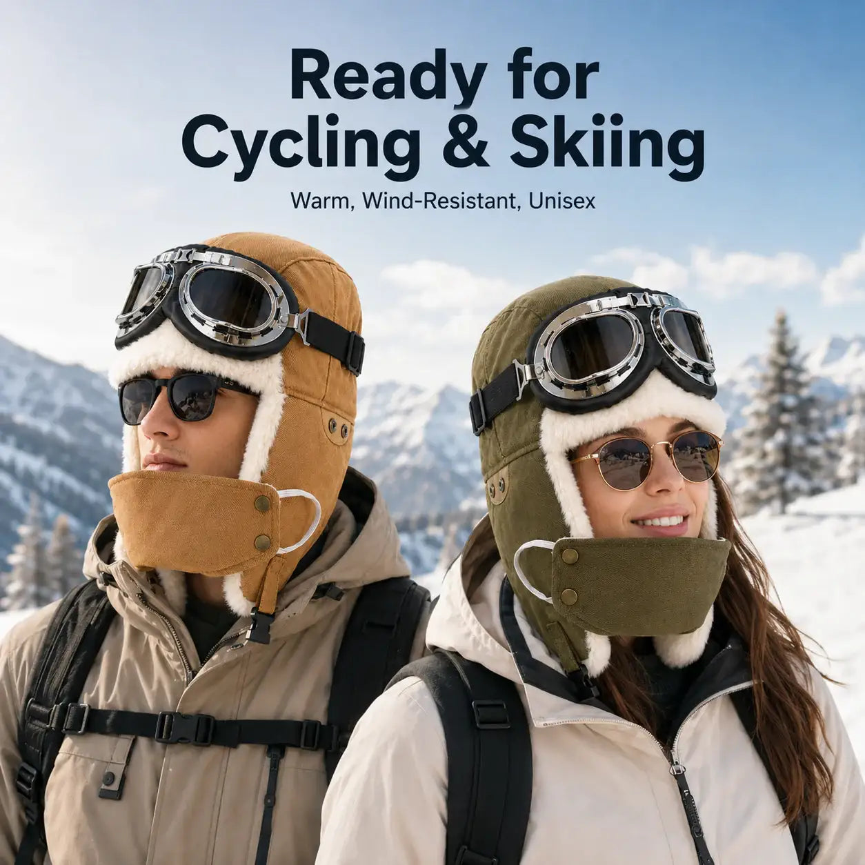 Winter outdoor hat with detachable goggles soft fleece lining removable face cover and buckle closure