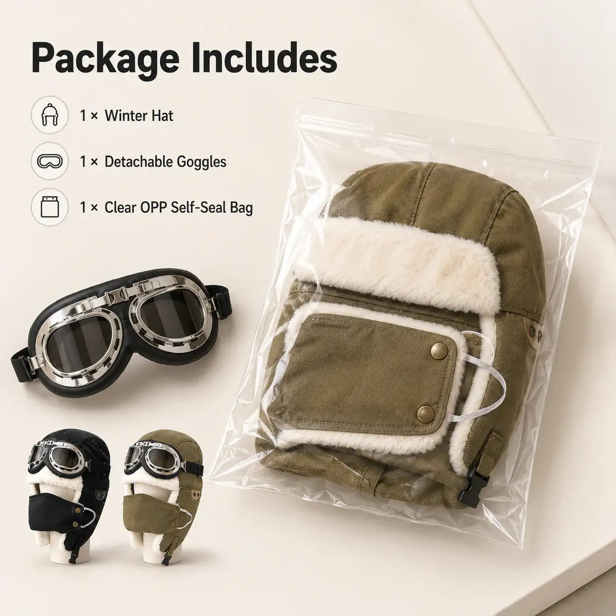 Winter aviator hat size and product details with polyester fabric detachable goggles and fleece lining