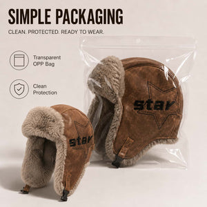 Brown winter trapper hat with transparent OPP bag packaging for clean product protection.