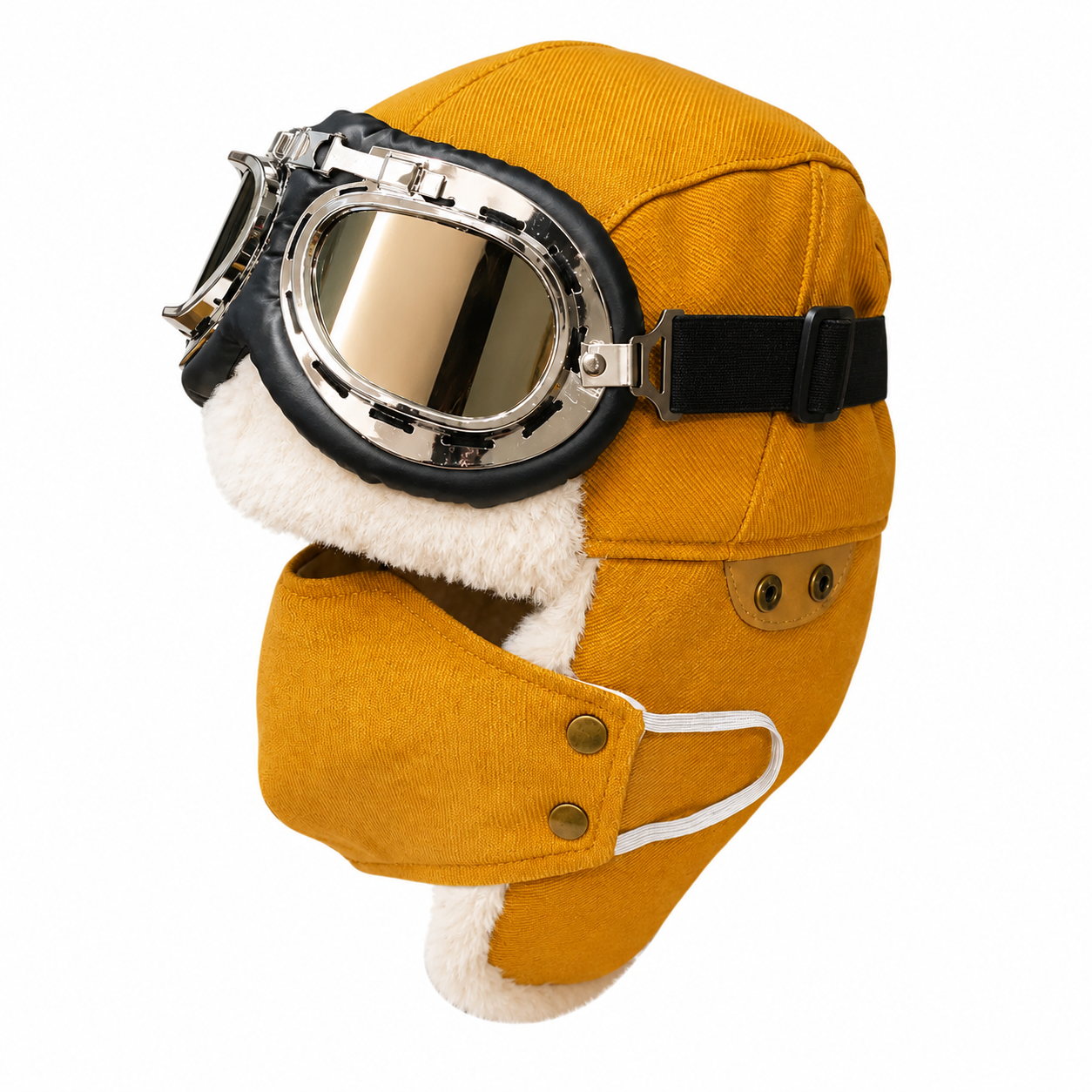 Yellow men's winter aviator hat with goggles, soft faux fur lining, ear flaps, and bold cold-weather outdoor style on a clean white background.