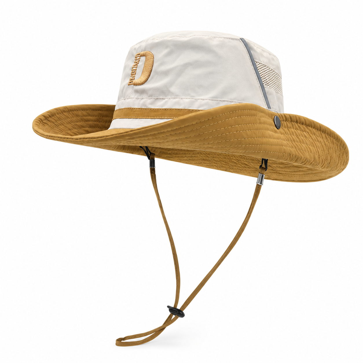 Yellow outdoor hiking bucket hat with wide brim shade, breathable mesh panel and adjustable chin cord on white background.