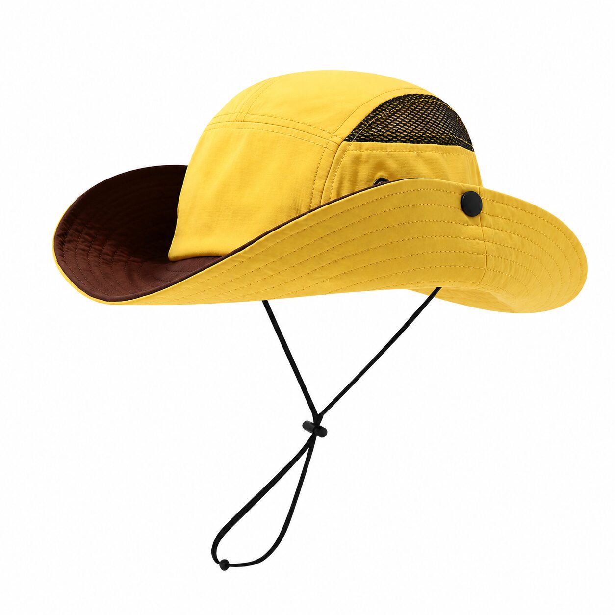 Yellow outdoor sun protection bucket hat with wide brim, breathable mesh panel, and adjustable chin cord on a clean white background.